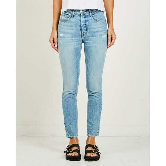 GRLFRND Jeans Denim Blue Karolina Domenico High Rise Tapered Button Fly Size 25 - Picture 1 of 7